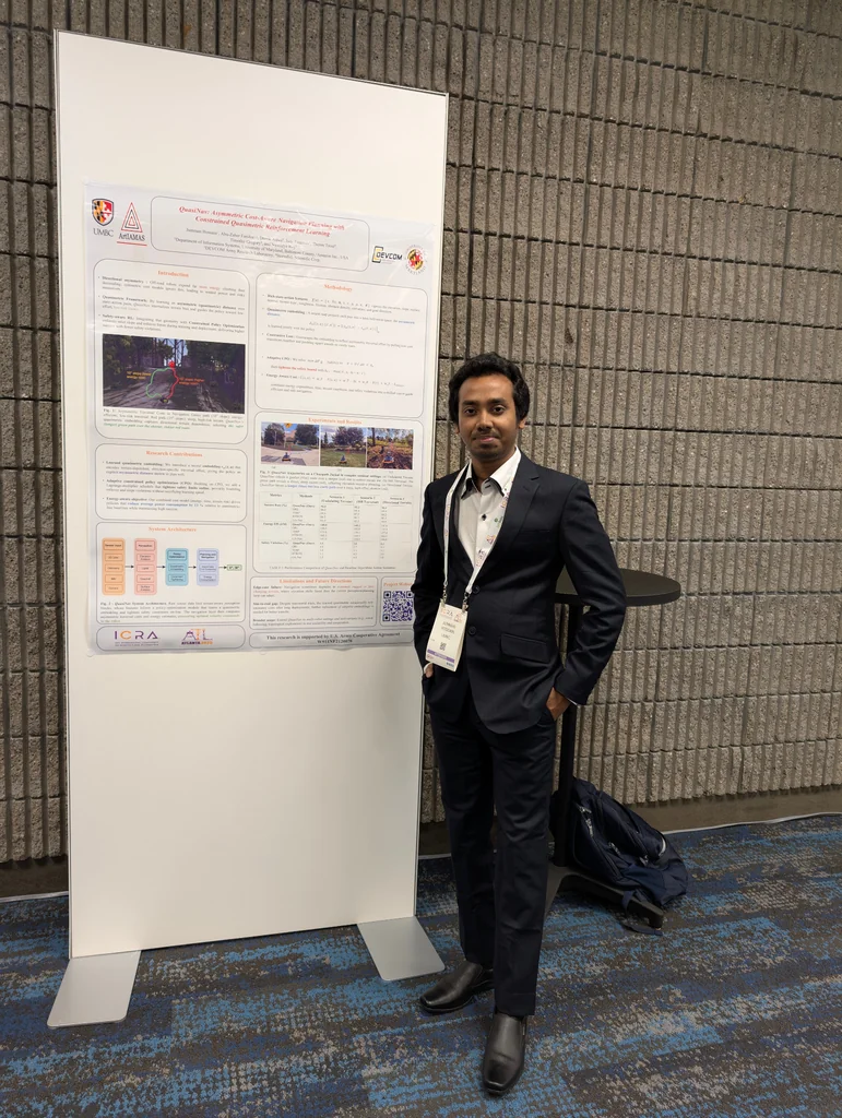 A conference attendee standing beside a robot navigation research poster at ICRA 2025