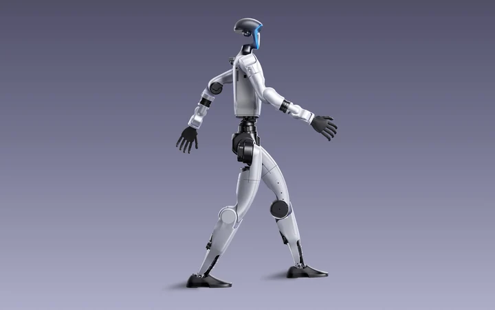 Unitree G1 humanoid shown in a walking pose in an official product image