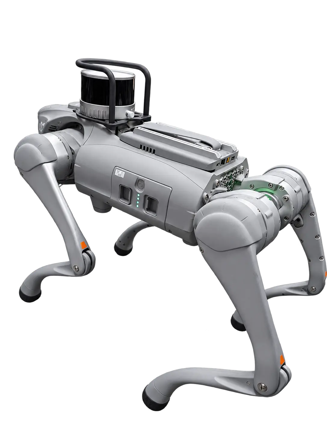 Gray Unitree Go2 quadruped with mounted lidar and onboard computer, isolated on a transparent background