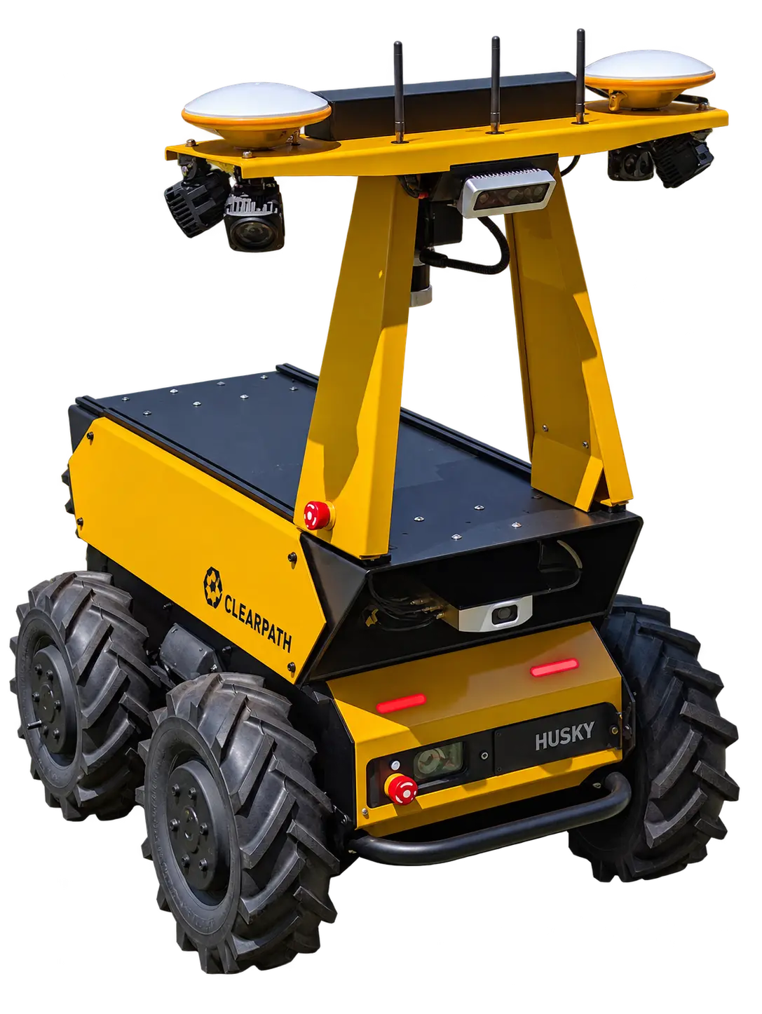 Yellow and black Clearpath Husky with cameras, antennas, and GPS receivers on a raised sensor frame, isolated on a transparent background