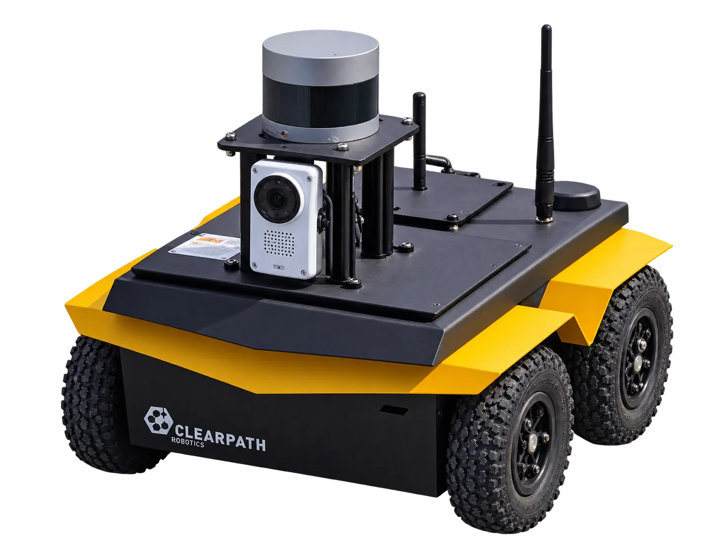 Yellow and black Clearpath Jackal with mounted lidar, camera, and antennas, isolated on a transparent background