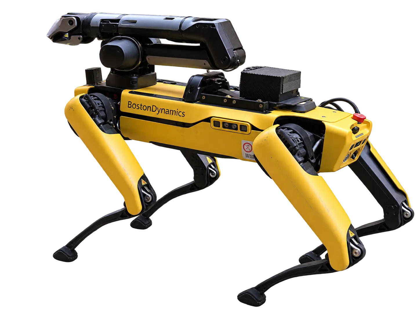 Boston Dynamics Spot quadruped with a folded robotic arm and mounted sensor, isolated on a transparent background