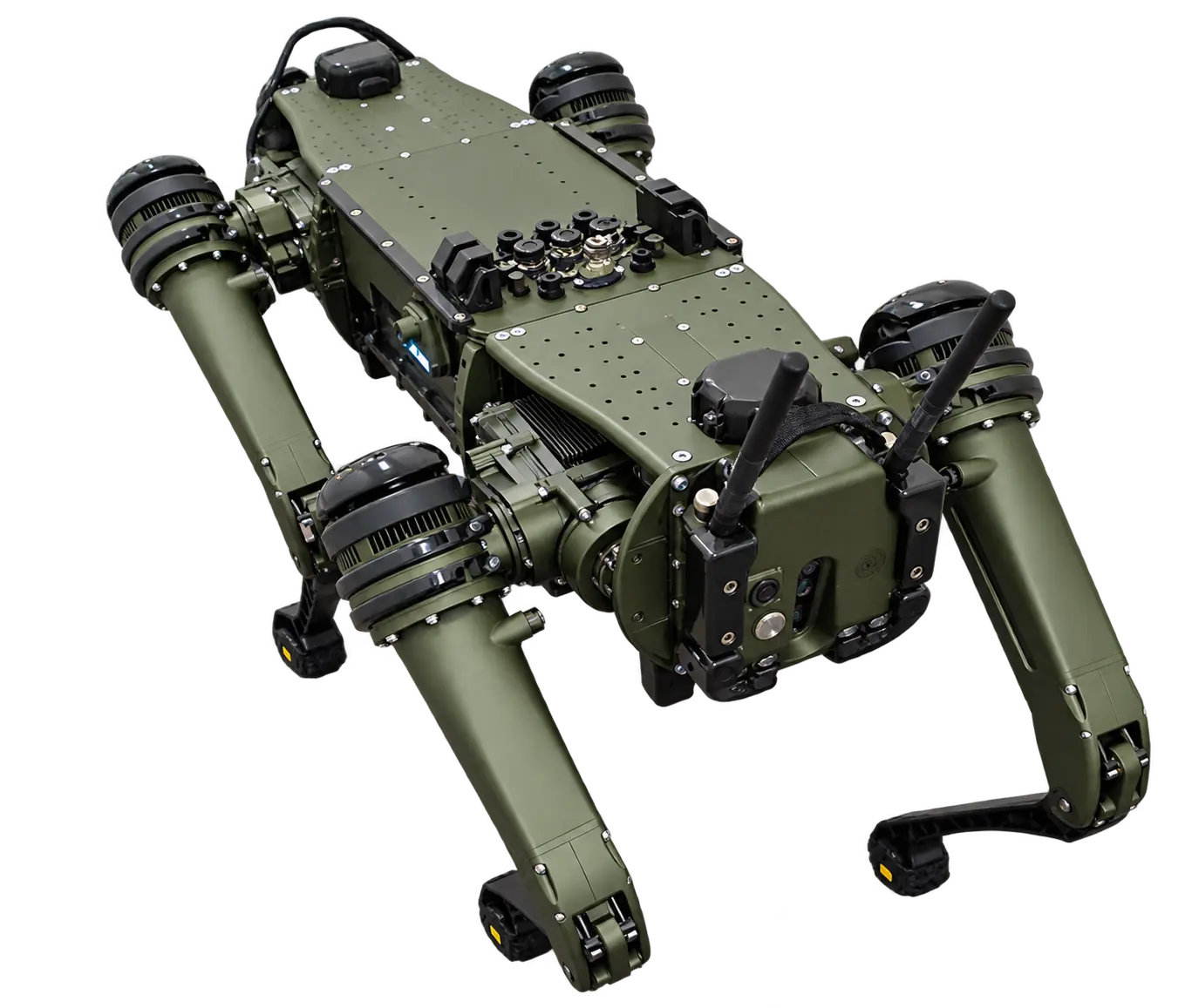 Olive green Ghost Robotics Vision 60 quadruped with front sensors and antennas, isolated on a transparent background